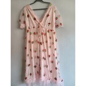 Women's large strawberry tulle overlay pink long dress short sleeve v-neck